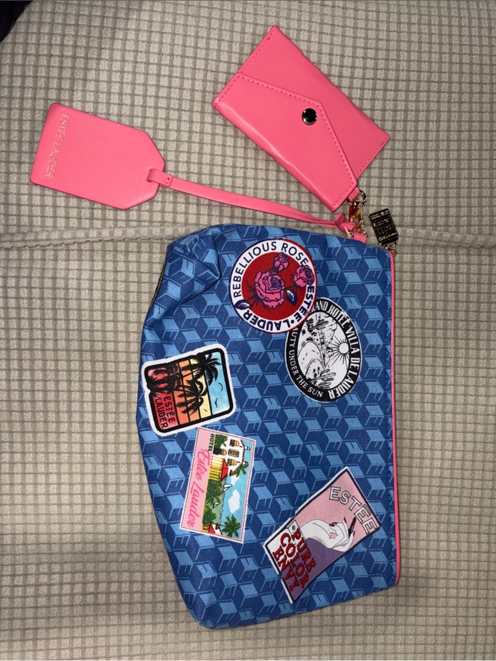 Estee Lauder Blue Patchwork Cosmetic Pouch with Pink Card Holder and Luggage Tag